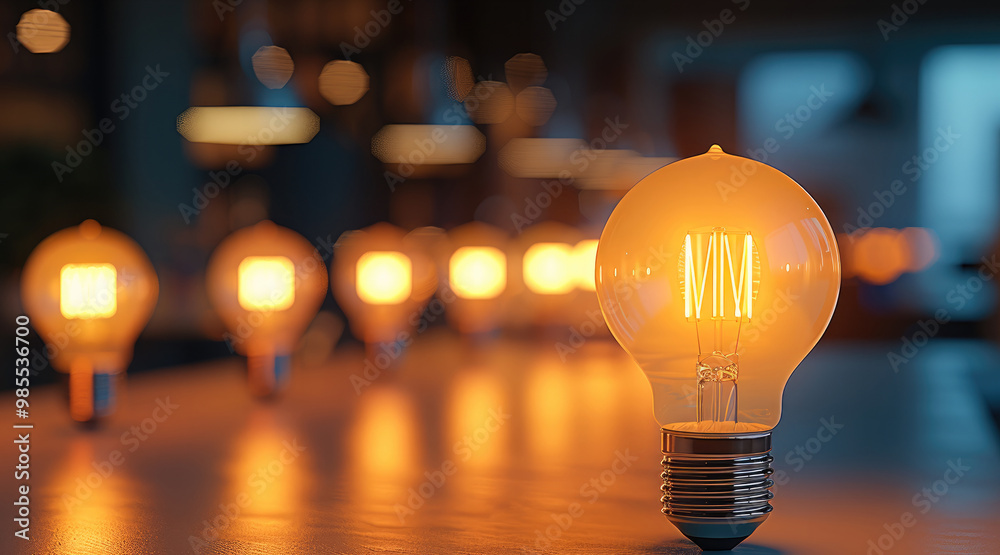 Poster multiple used light bulbs arranged on a desk, with only one bulb emitting light. the background blur