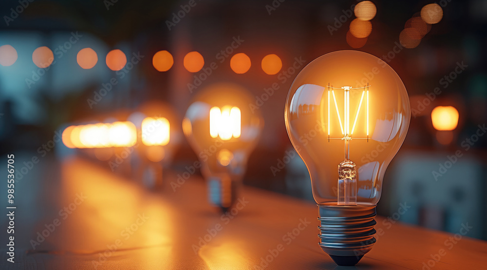 Poster multiple used light bulbs arranged on a desk, with only one bulb emitting light. the background blur