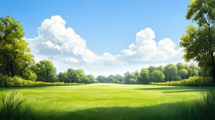 Naklejka premium Serene Landscape with Blue Sky and Lush Greenery