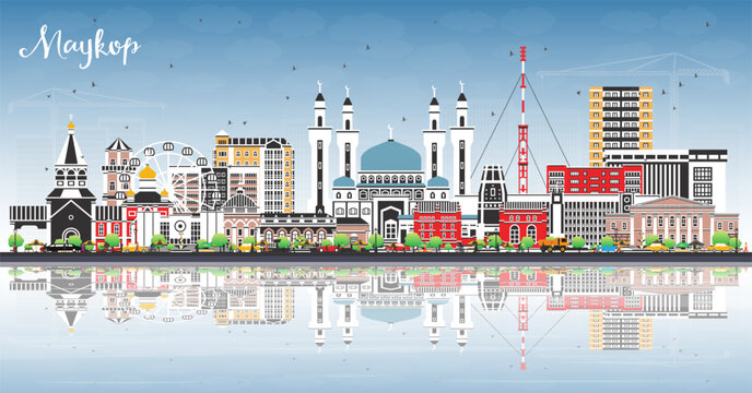 Maykop Russia city skyline with color buildings, blue sky and reflections. Maykop cityscape with landmarks. Travel and tourism concept with modern and historic architecture.