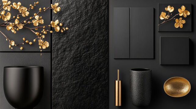 A luxurious mood board featuring a sleek black and gold color palette with textured surfaces and floral accents