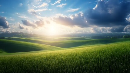 Obraz premium Rolling green hills at sunset with a clear blue sky and fluffy white clouds.