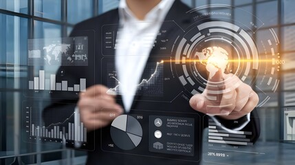 Corporate person interacting with a digital futuristic interface featuring data analytics, charts, financial growth trends, and network connectivity&nbsp;symbols.