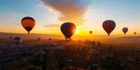 Naklejka premium The surreal landscape of Cappadocia, Turkey, with fairy chimneys and hot air balloons dotting the sky at sunrise