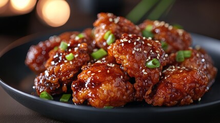 Fototapeta premium A plate showcases succulent Korean fried chicken, beautifully glazed in a rich soy and spicy sauce. Garnished with green onions, it's a feast for both eyes and palate