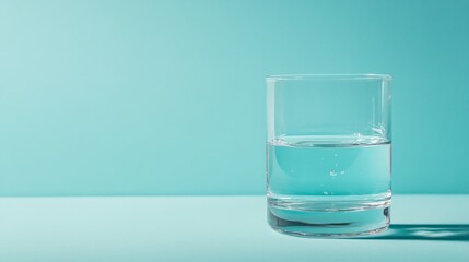 A medium closeup showcases a sleek glass vase brimming with clear water, elegantly set against a smooth pastel blue backdrop, creating a serene atmosphere