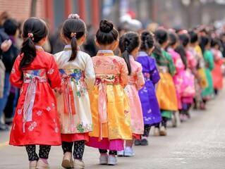 Obraz premium The traditional hanbok of Korea, with its flowing lines and vivid colors, being worn during a family gathering for Seollal (Lunar New Year)