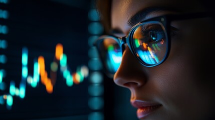 A person in glasses is intently observing vibrant graphs displayed on a brightly lit screen, engaged in data analysis. The setting suggests a professional environment