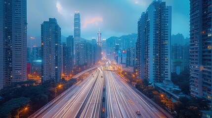 Fototapeta premium Time-lapse of a bustling city from day to night, skyscrapers, traffic movement, changing sky. Generative AI.