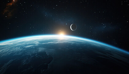 Obraz premium A breathtaking view of Earth from space, highlighting the horizon and a distant sunrise under a starry sky.