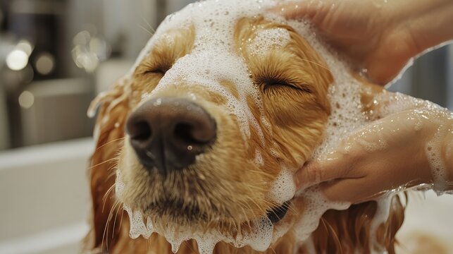 A Golden Retriever with closed eyes is being gently bathed at a grooming salon, surrounded by water and thick soap suds for a soothing experience