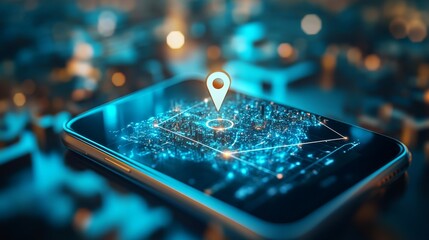 A mobile device shows a detailed digital map featuring a geofencing area marked with a location pin, illuminated by a vibrant city backdrop