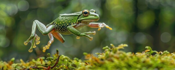Obraz premium frog mid-jump among the forest foliage, showcasing the dynamic motion and natural habitat.