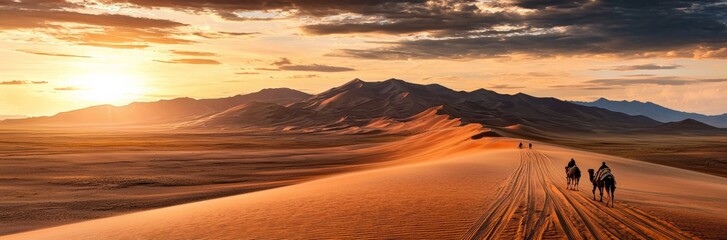 Fototapeta premium The vast Gobi Desert in Mongolia, with golden dunes and a lone camel caravan making its way through the landscape