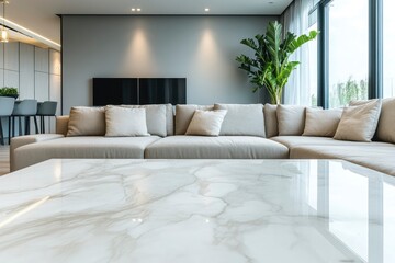 Copy space on a neutral marble table in a modern bight living room with a large comfy couch. with generative ai