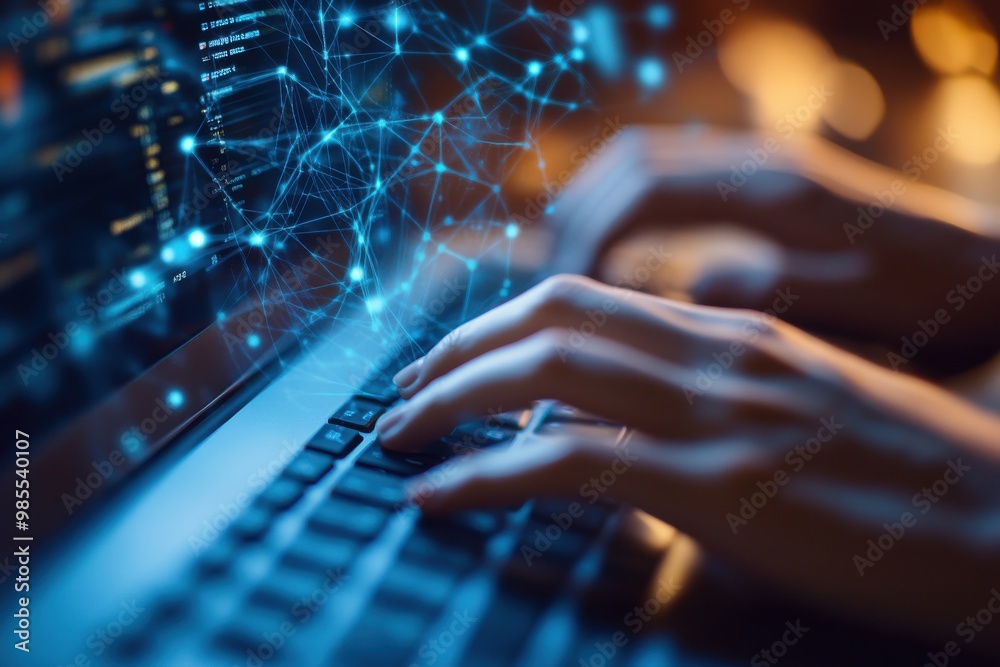 Poster close-up of hands typing on a computer keyboard with a futuristic digital network overlay in an offi