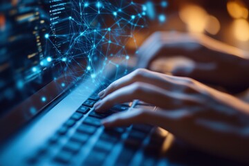 Close-up of hands typing on a computer keyboard with a futuristic digital network overlay in an office environment