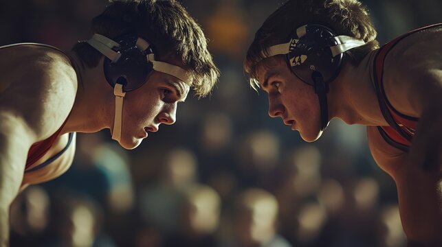 Two high school wrestlers are engaged in a fierce match, showcasing their determination and skill as they battle for victory in front of an enthusiastic crowd