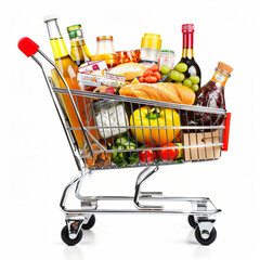 Shopping cart full of food isolated on white