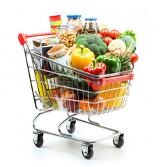 Shopping cart full of food isolated on white