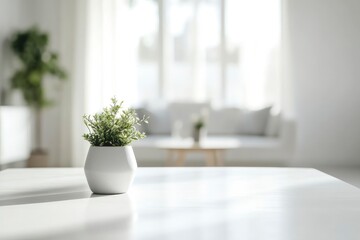 Copy space on a table with a blurred modern spacious white living room in the background. with...