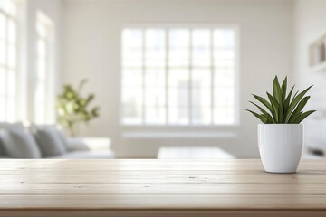 Copy space on a table with a blurred modern spacious white living room in the background. with generateive ai