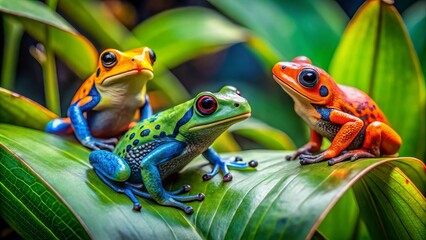 Naklejka premium Colorful Pixie Frogs Sitting on Green Leaves in a Lush Tropical Environment Under Natural Light