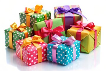 Colorful presents adorned with intricate bows and soft ribbons sit beautifully wrapped on a crisp white background,