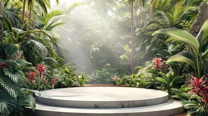 Outdoor podium mockup with a tropical garden. Generative AI.