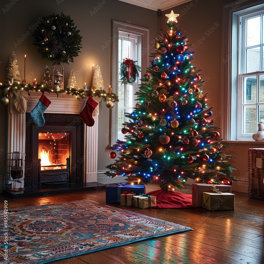 Wall mural Christmas tree with multi colored lights and decorations in a corner of a room near a fire place with hanging stockings, presents under the tree. Generative AI.