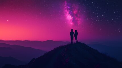 Fototapeta premium Silhouette of a couple under a cosmic sky at twilight, holding hands.