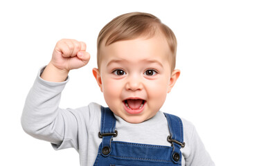 Baby hold up his fist funny shot isolated on transparent background