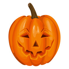 A bright vector illustration of a carved Halloween pumpkin with a smiling face, featuring a traditional jack-o'-lantern design in orange color and a brown stem, symbolizing Halloween.