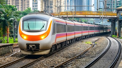 Naklejka premium A modern train navigating urban tracks, showcasing the blend of technology and city infrastructure in motion.