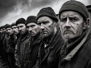 Fototapeta premium Workers standing in line outside a closed factory, faces filled with despair, while dark clouds gather in the sky