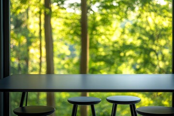 Fototapeta premium Copy space on modern black dining table, stools over blurred green forrest view in background with generative ai