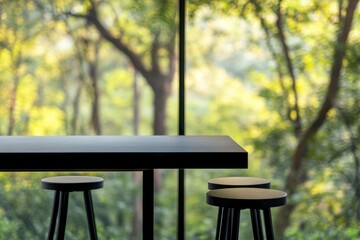Naklejka premium Copy space on modern black dining table, stools over blurred green forrest view in background with generative ai