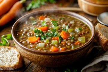 A hearty bowl of lentil soup with carrots, celery, and onions. The soup is steaming, served in a rustic bowl with a slice of bread on the side, with fresh parsley.