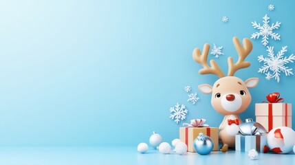 A holiday sale background with reindeer, snowflakes, and gift boxes on a frosty blue backdrop, promoting seasonal discounts in a playful style.