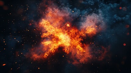 Obraz premium On a black background a fiery explosion with multicolored particles of smoke in the form of a burning flame 