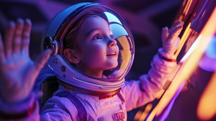 A child pretending to lead a tour on a pretend space vacation, describing the wonders of zero gravity,