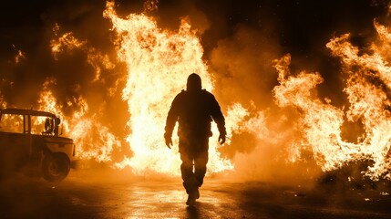 In a gripping moment, a stuntman strides confidently through a dark night filled with intense flames, illuminating the surroundings and highlighting the action