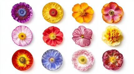 Fototapeta premium A collection of colorful round flower wall panels features diverse floral patterns, creating a lively and artistic display against a clean, white backdrop