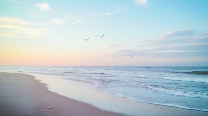 At dawn, a pristine beach reveals soft waves rolling onto the shore, creating a peaceful atmosphere as seagulls glide gracefully overhead