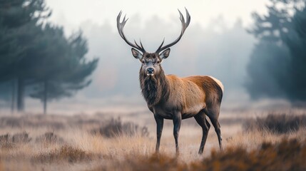 Obraz premium In the early morning light, a regal red deer stag stands gracefully amidst the heath, its large antlers contrasting with the serene, foggy landscape surrounding it