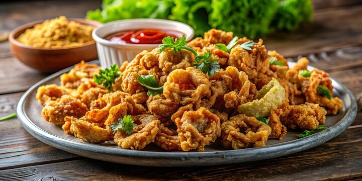 Crispy fried chitterlings beautifully presented on a plate, accompanied by a garnish and flavorful dipping sauce,