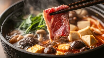 Bubbling broth fills the hot pot, showcasing an array of fresh ingredients like mushrooms, greens, tofu, and tender meat, creating a warm dining experience
