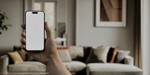 Caucasian White male using smartphone with a blank white screen. Living room, interior design, modern apps mockup. Vertical phone orientation