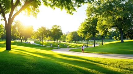 Fototapeta premium A scenic local park filled with families and children playing, green grass, tall trees, and a peaceful walking trail in the background.