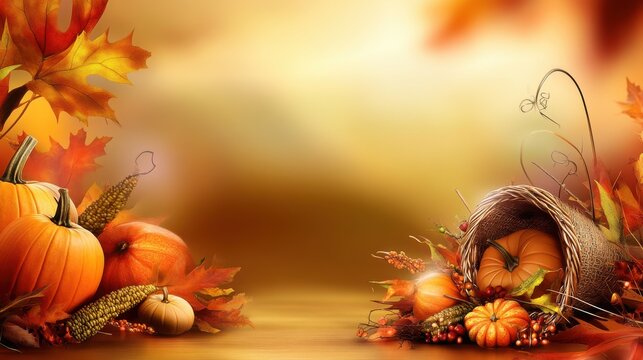 A rustic Thanksgiving background with autumn-colored leaves, pumpkins, and a cornucopia of harvest vegetables, symbolizing abundance and gratitude.